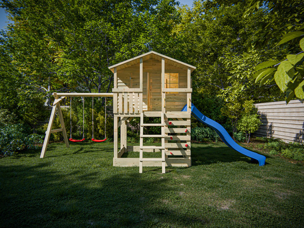 Cabane sur pilotis en bois autoclave Henry avec portique double et toboggan bleu