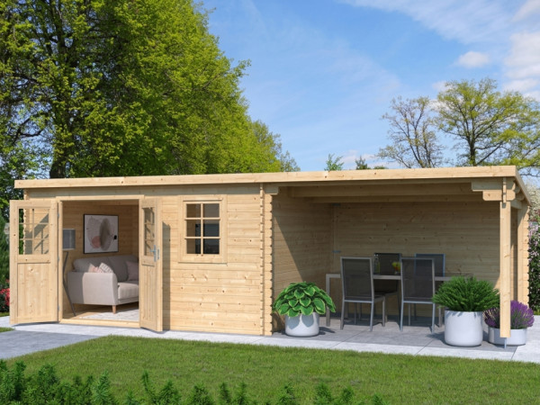 Abri de jardin en bois CA2987 28 mm naturel avec auvent de 3 m