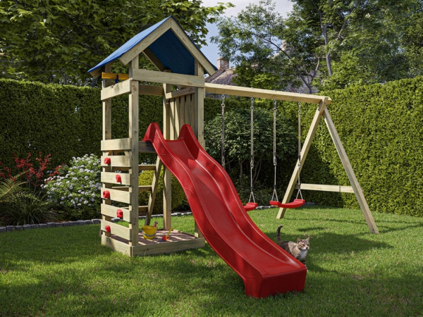 Aire de jeux Easy en bois autoclave avec portique double, toboggan rouge et sièges rouges