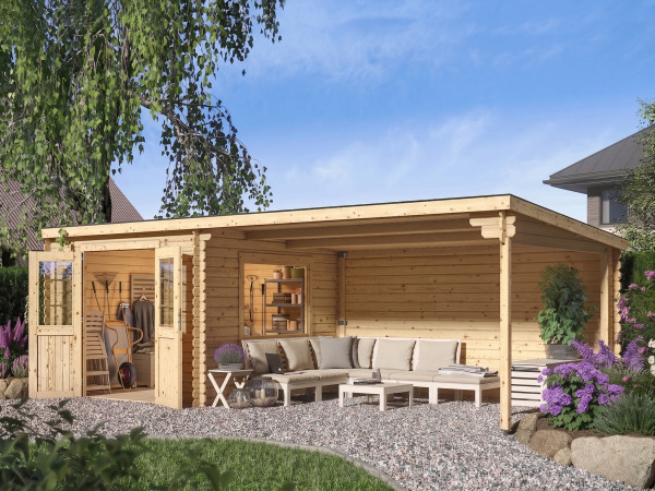 Abri de jardin en bois CA2978 28 mm naturel avec auvent de 4 m