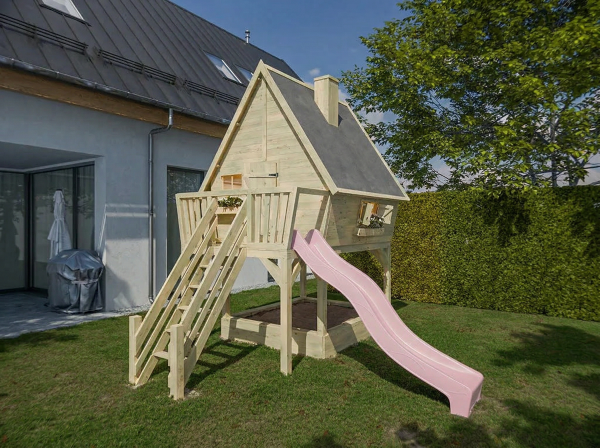 Cabane sur pilotis en bois autoclave avec toboggan rose pastel Clubhouse