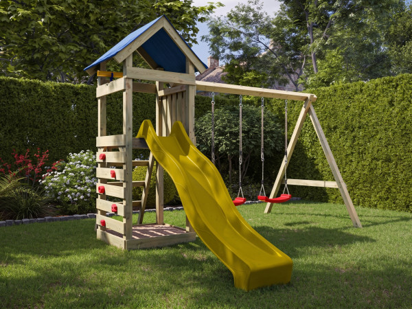 Aire de jeu Easy en bois autoclave avec portique, 2 balançoires, toboggan jaune + sièges rouges