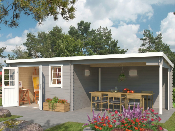 Abri de jardin en rondins Aida 800 28 mm gris clair avec extension de 3,8 m