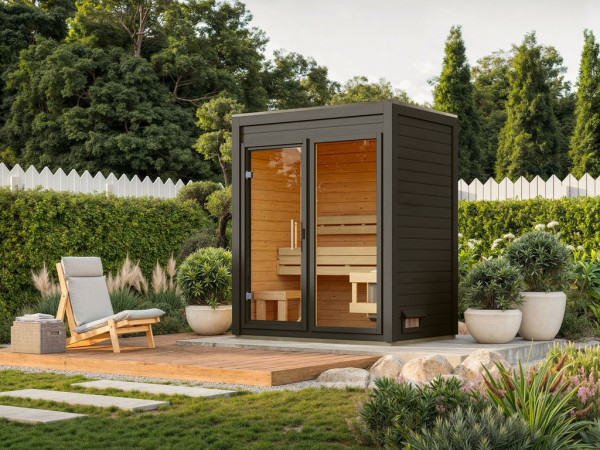 Sauna de jardin View gris terre avec terrasse et porte en verre transparent