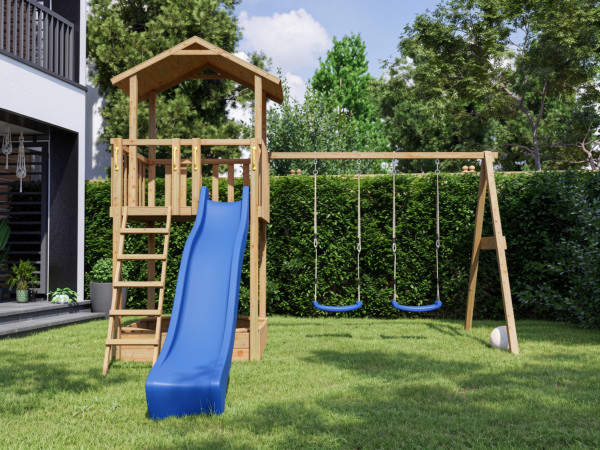 Aire de jeu Tilly Classic avec portique double en bois autoclave, toboggan bleu et sièges bleus