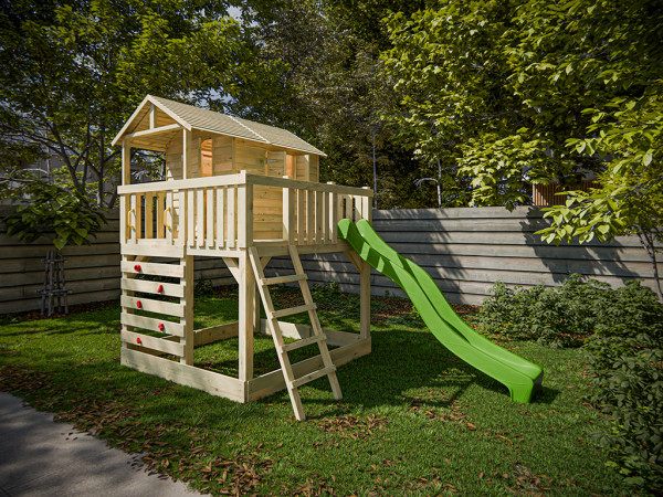 Cabane sur pilotis en bois autoclave Noah avec toboggan vert