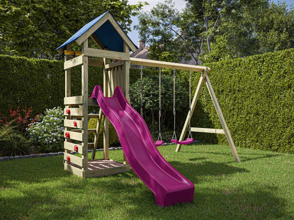 Aire de jeux Easy en bois autoclave avec portique double, toboggan rose et sièges roses