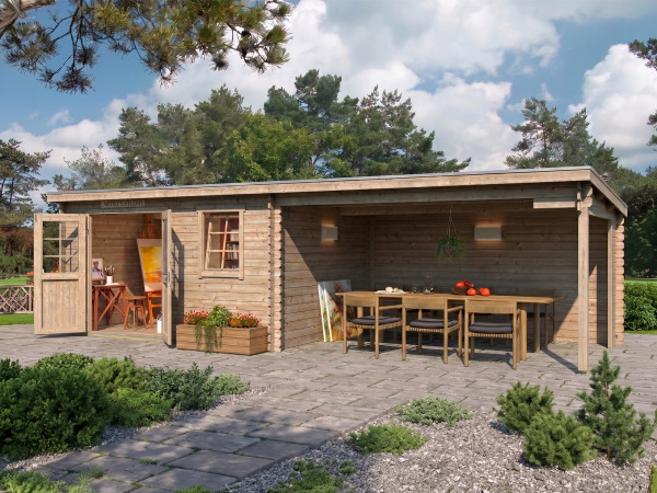 Abri de jardin en bois Aida 800 28 mm naturel avec auvent de 3,8 m