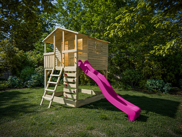 Cabane sur pilotis en bois autoclave avec toboggan rose Henry