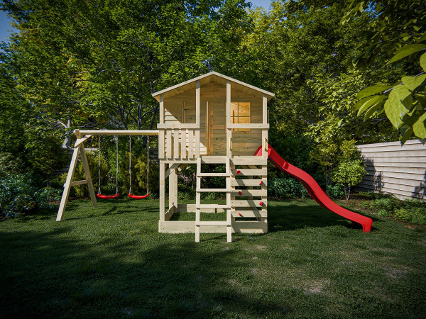 Cabane sur pilotis en bois autoclave Henry avec portique double et toboggan rouge