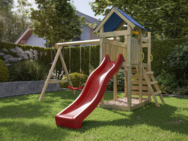 Aire de jeux Speedy en bois autoclave avec portique double, toboggan rouge et sièges rouges