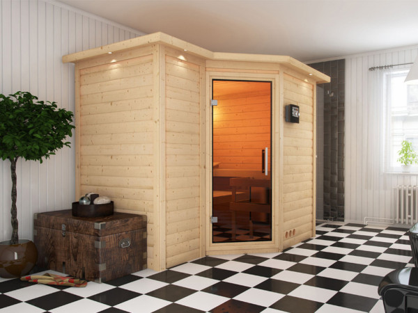 Karibu Sauna en bois massif Premium Sauna 38mm Betty SPARSET avec poêle 9 kW et commande externe.