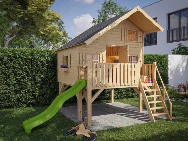 Cabane de jardin sur pilotis Tom XL 15 mm naturel incl. véranda, Échasses et toboggan vert