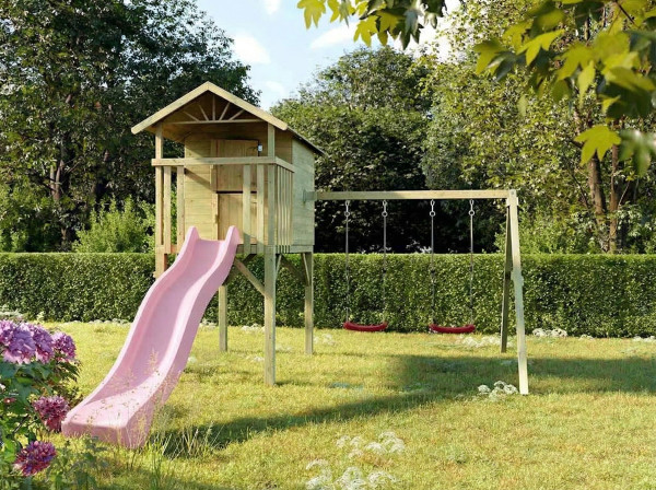 Cabane enfants sur pilotis Tree Hut KDI avec double balançoire et toboggan rose