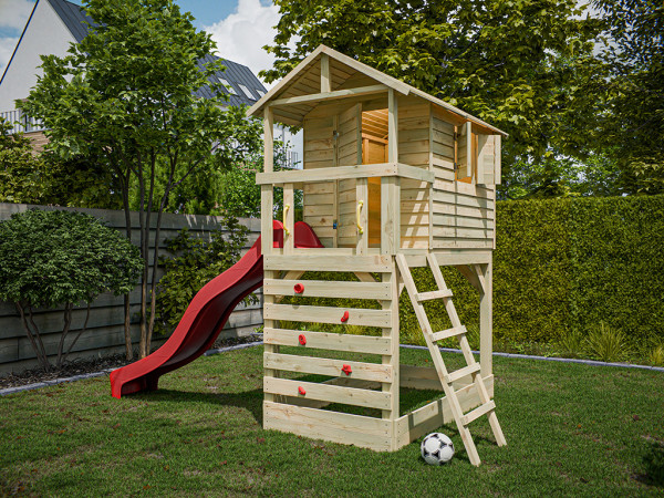 Cabane sur pilotis en bois autoclave avec toboggan rouge Luis
