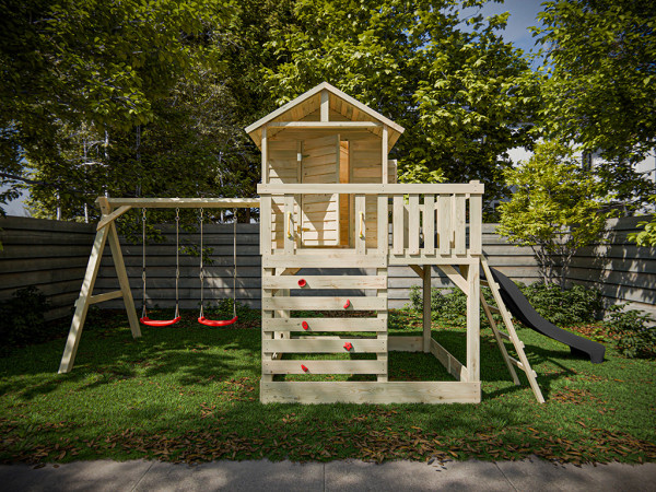 Cabane sur pilotis en bois autoclave Noah avec portique double et toboggan gris