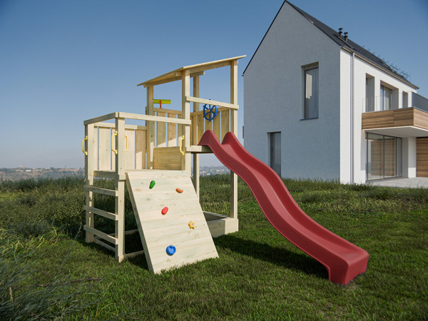 Aire de jeu en bois autoclave Big Pirate avec toboggan rouge