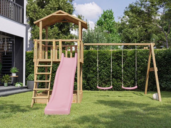 Aire de jeux Tilly Classic en bois autoclave avec portique double, toboggan et sièges roses-pastel