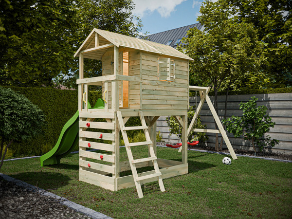 Cabane sur pilotis en bois autoclave Luis avec portique double et toboggan vert