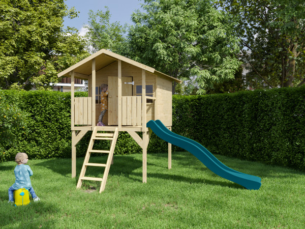 Cabane enfants sur pilotis Toby avec toboggan turquoise