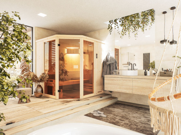 Sauna modulaire Letta 1 avec banquettes allongées supplémentaires, poêle bio-combiné 9 kW et command
