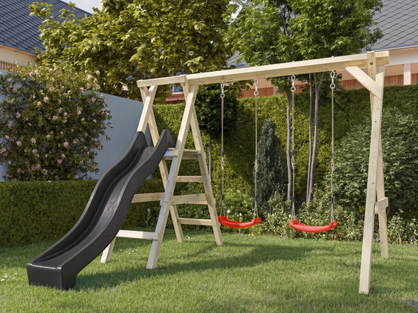 Portique double avec plateforme Cosy Double en bois autoclave avec toboggan gris et 2 balançoires ro