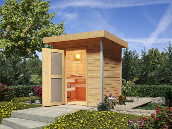 Sauna maison Roger avec porte moderne aspect naturel avec poêle de 9kW