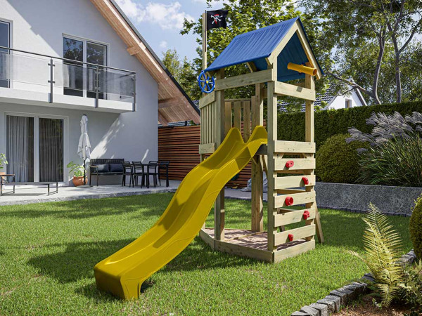 Aire de jeux Pirate “Captain Jolly” en bois autoclave avec toboggan jaune