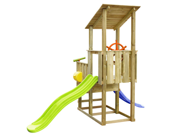 Aire de jeux Pirate en bois autoclave avec 2 toboggans vert et bleu + accessoires