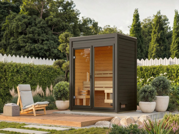 Sauna extérieur View gris terra avec porte en verre clair
