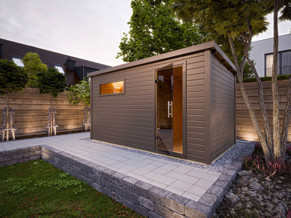 Maison de sauna Lene 6, 38 mm, gris terra avec porte vitrée