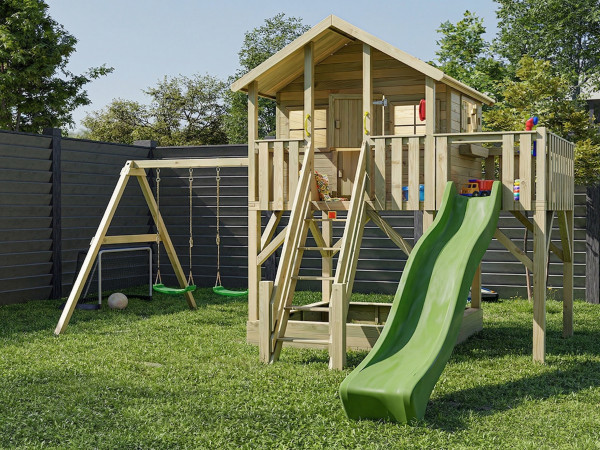 Cabane sur pilotis en bois autoclave Big House XL avec portique double et toboggan vert