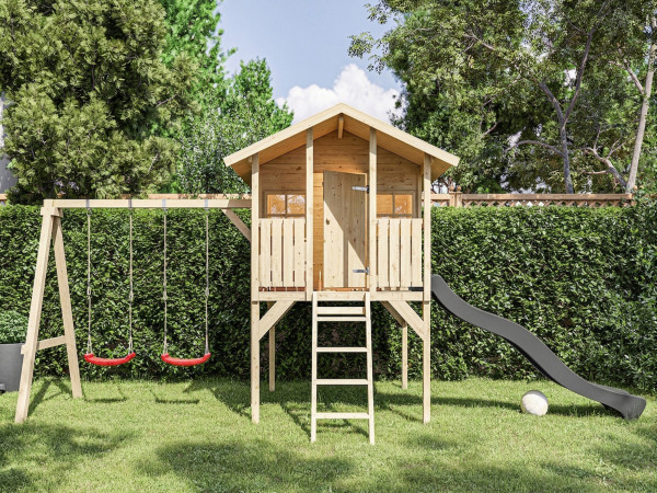 Cabane sur pilotis en bois autoclave “Toby” avec portique double et toboggan gris