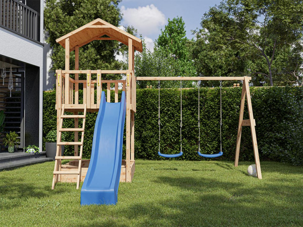 Tour de jeux Tilly Premium avec balançoire double mélèze incl. toboggan bleu + sièges bleus
