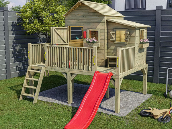 Cabane sur pilotis en bois autoclave “Butterfly XL” avec toboggan rouge