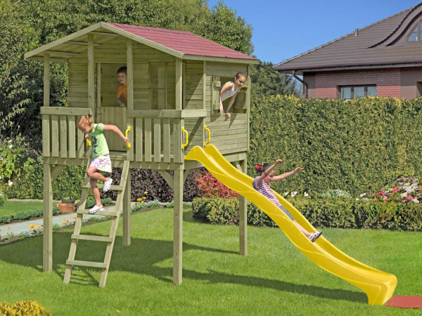 Cabane sur pilotis en bois autoclave avec toboggan jaune “Leon”