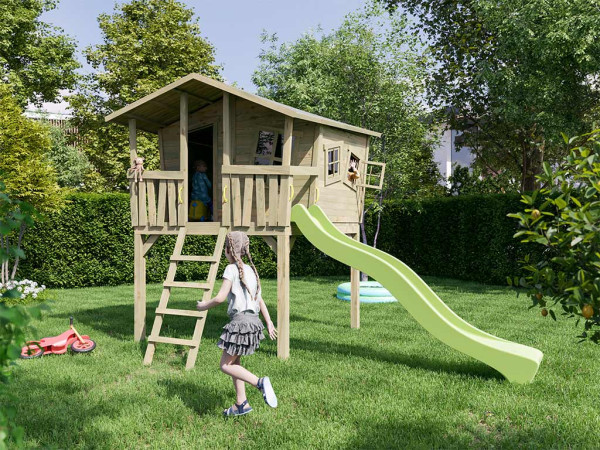 Illustration montrant une maisonnette sur pilotis avec poignées (non incluse dans le contenu de livraison)