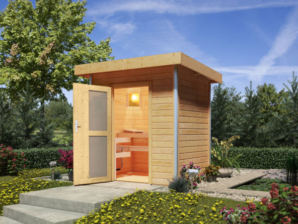 Sauna maison Roger en bois brut avec porte moderne et poêle bio de 9 kW