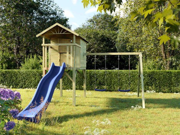 Cabane enfants sur pilotis Tree Hut KDI avec double balançoire et toboggan bleu