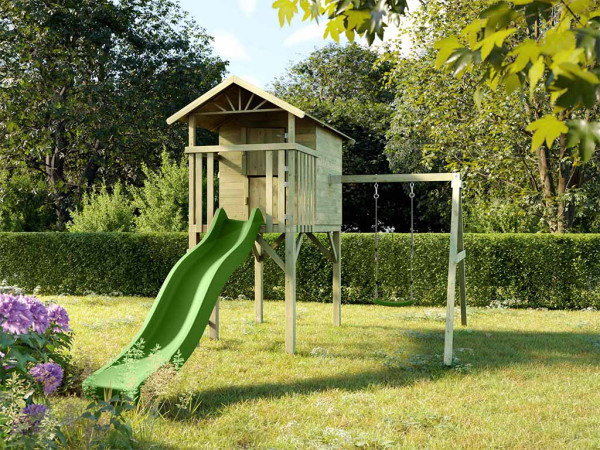 Cabane enfants sur pilotis Tree Hut KDI avec balançoire individuelle et toboggan vert