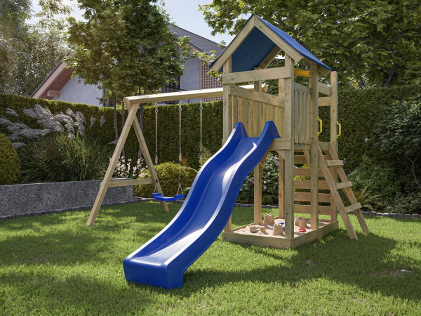 Aire de jeux Speedy en bois autoclave avec portique double, toboggan bleu et sièges bleus