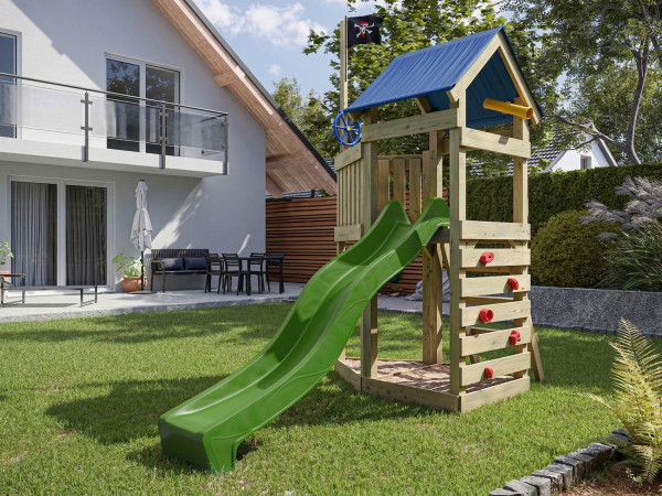 Aire de jeux Pirate Captain Jolly en bois autoclave avec toboggan vert