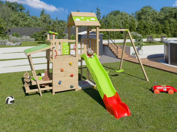 Tour de jeu Minou avec portique. 2 balançoires, table de pique-nique + toboggan vert/rouge