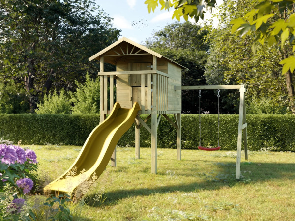 Cabane enfants sur pilotis Tree Hut KDI avec balançoire individuelle et toboggan jaune