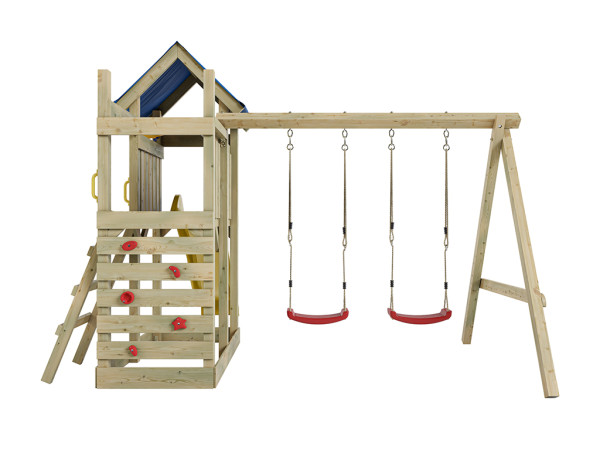 Aire de jeu Speedy en bois autoclave avec portique, 2 balançoires, toboggan jaune + sièges rouges