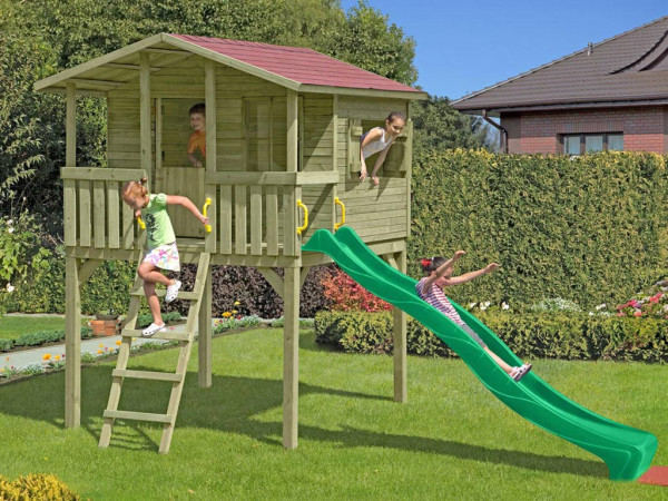 Cabane sur pilotis en bois autoclave avec toboggan vert “Leon”