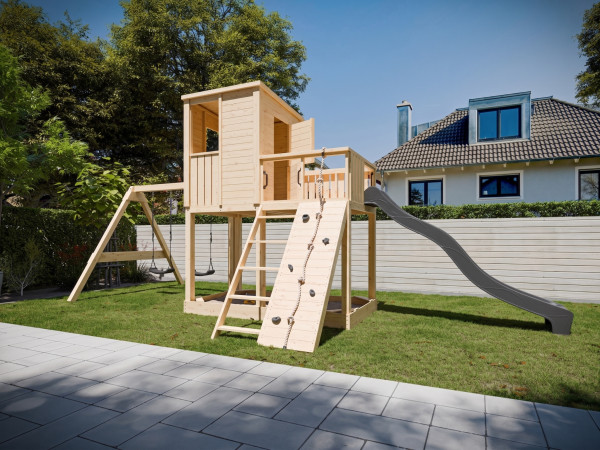 Cabane sur pilotis Carl en bois brut avec portique double et toboggan anthracite