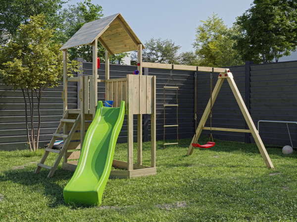 Aire de jeux en bois autoclave Big Monkey avec toboggan vert