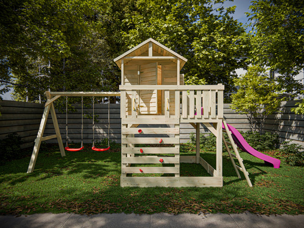 Cabane sur pilotis en bois autoclave Noah avec portique double et toboggan rose