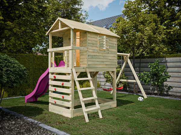 Cabane sur pilotis en bois autoclave Luis avec portique double et toboggan rose